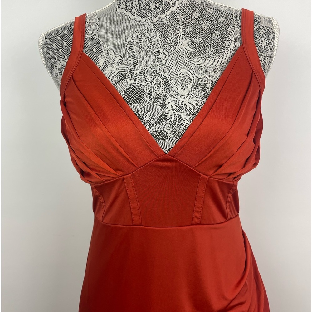 Nevena Rae Rust Red Plunge Rouched Hip Corset Style Bodice Dress - Picture 2 of 7